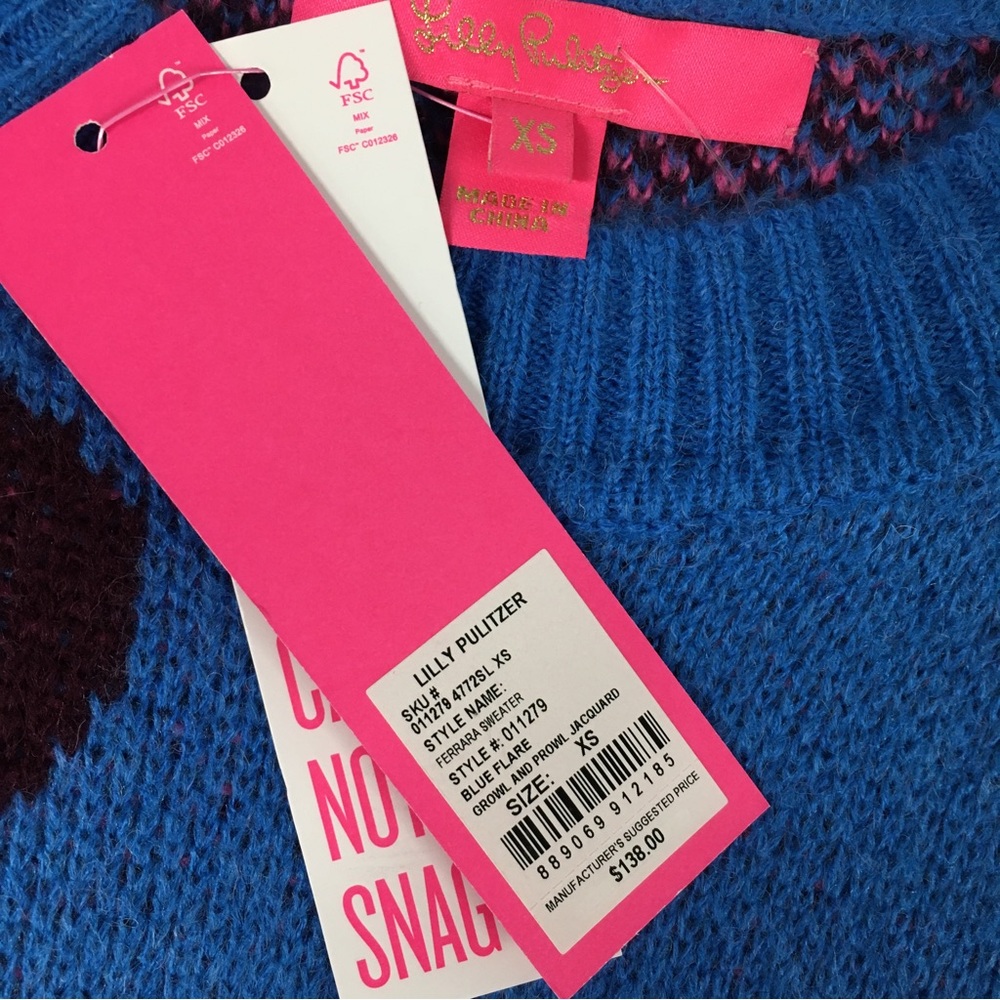 Lilly Pulitzer Ferrara Sweater Blue Flare Growl and Prowl Jacquard Print Size XS - Picture 12 of 16